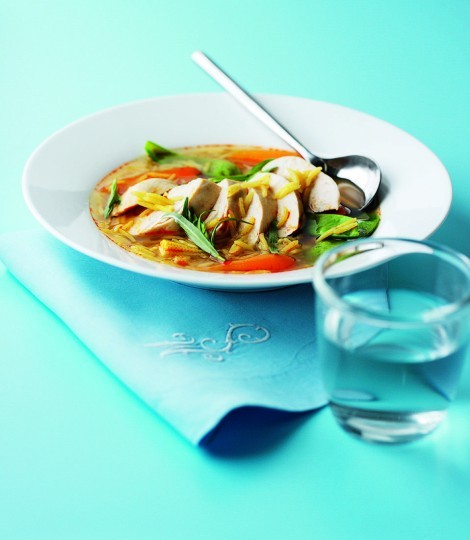 Poached chicken and rice broth