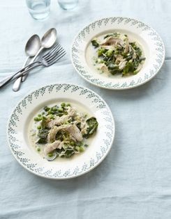 Poached chicken and spring green broth