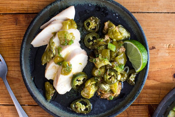 Poached chicken breasts with tomatillos and jalapeños