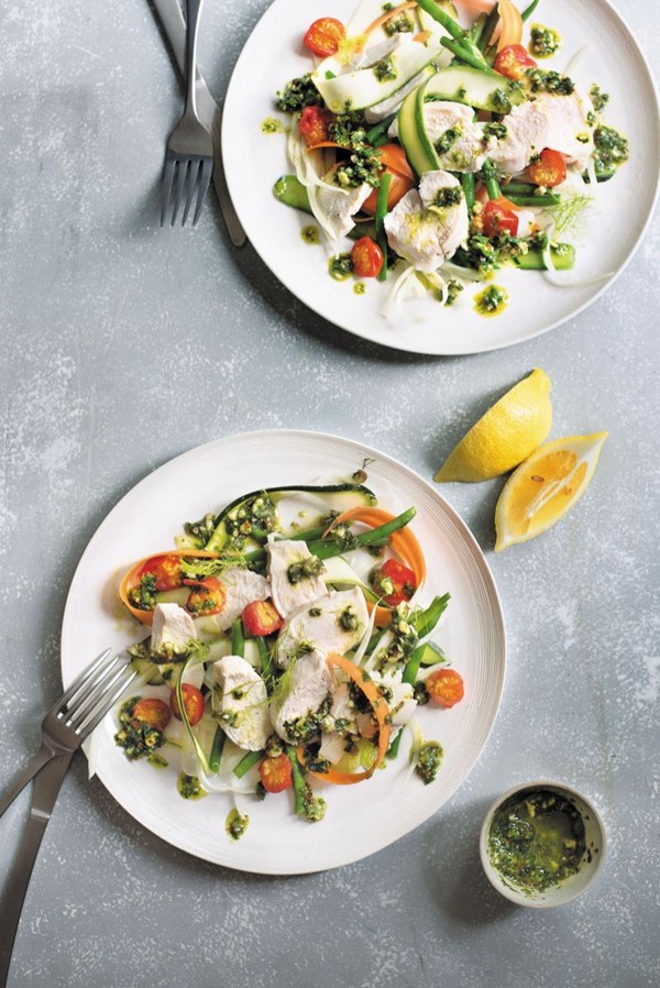 Poached chicken, crunchy vegetables and herb dressing