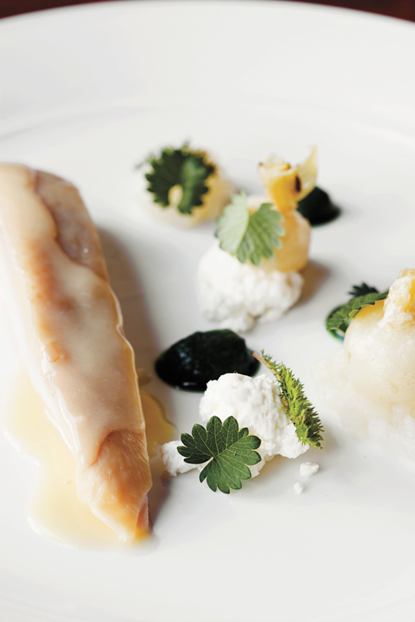 Poached chicken, fresh curds, crushed turnips, arugula sauce