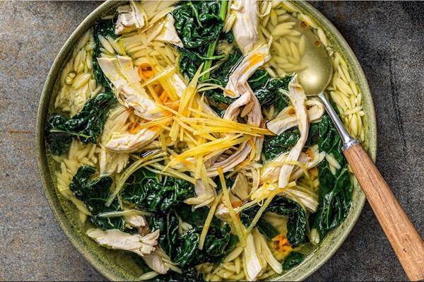 Poached chicken, orzo & greens soup