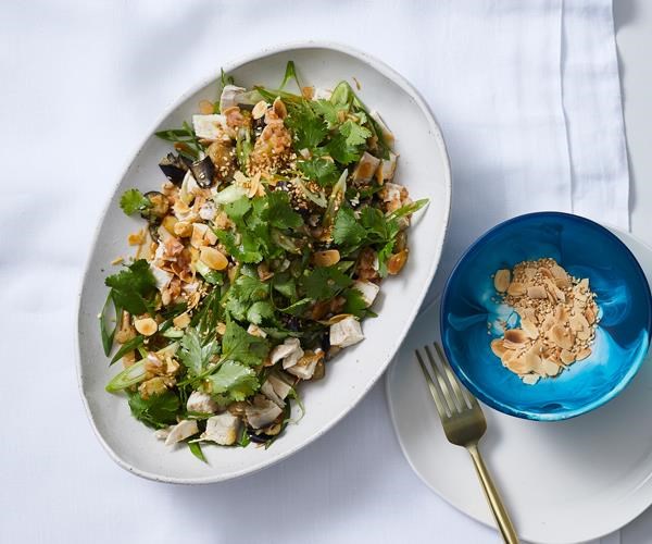 Poached chicken salad with harissa, eggplant, spring onion and tahini
