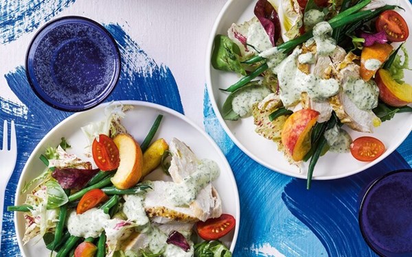 Poached chicken salad with nectarines, tomatoes, French beans and basil mayonnaise