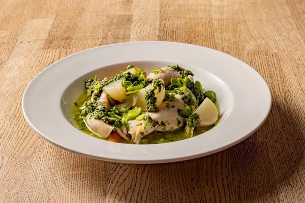 Poached chicken, spring vegetables, salsa verde