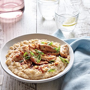 Poached chicken thighs with ginger-coconut quinoa