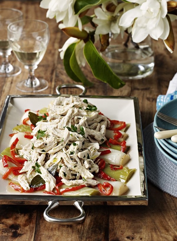 Poached chicken with braised leeks and mustard vinaigrette