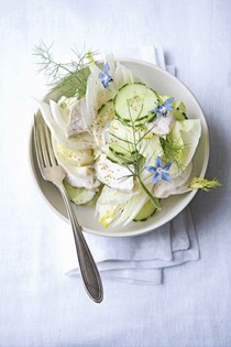 Poached chicken with buttermilk dressing and fennel, cucumber and iceberg salad