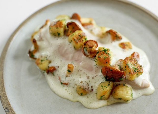 Poached chicken with Comté cheese gnocchi, girolle mushrooms and sauce vin jaune