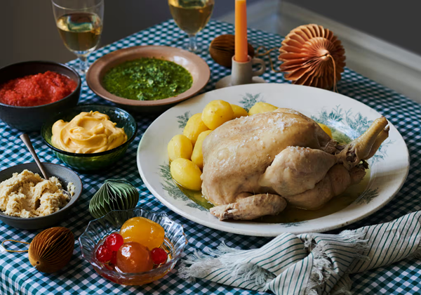 Poached chicken with four sauces