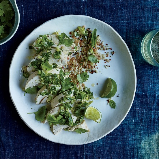 Poached chicken with fragrant herb vinaigrette