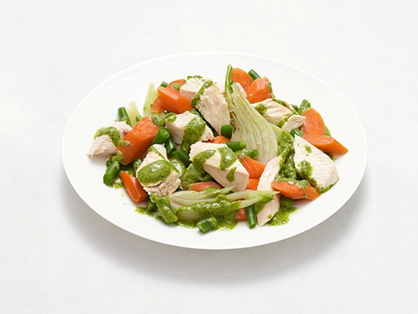 Poached chicken with garlic-herb sauce