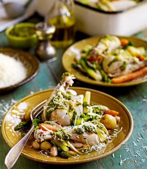 Poached chicken with spring vegetable & pistou