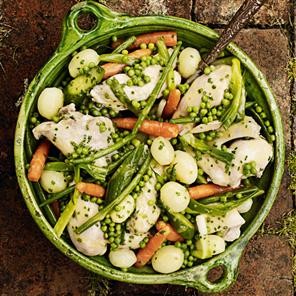 Poached chicken with summer vegetables and chive butter sauce