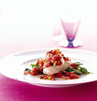 Poached chicken with tomatoes, olives, and green beans