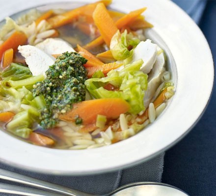 Poached chicken with vegetable and orzo broth