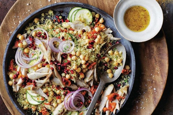 Poached chicken with warm spiced couscous salad