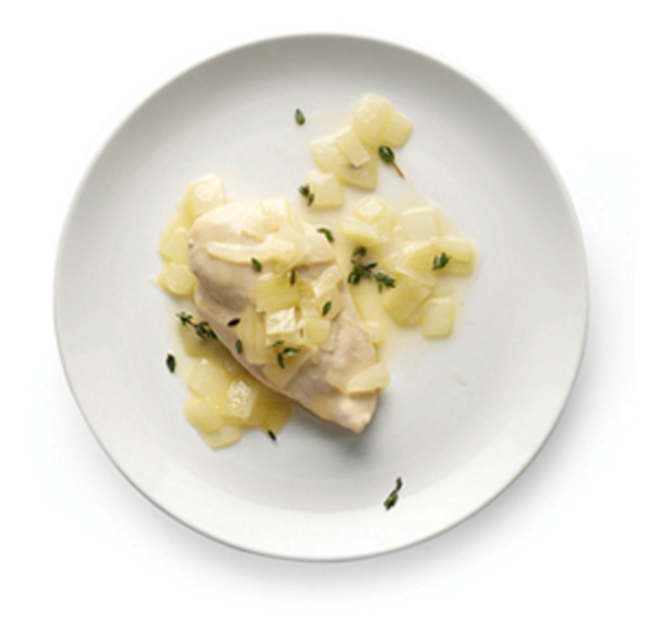 Poached chicken with white wine, onions, and herbs