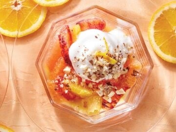 Poached citrus with aquafaba whipped cream
