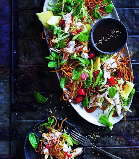 Poached coconut chicken salad with roasted noodles