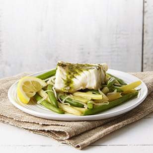 Poached cod & green beans with pesto