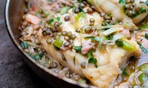 Poached cod and lentils