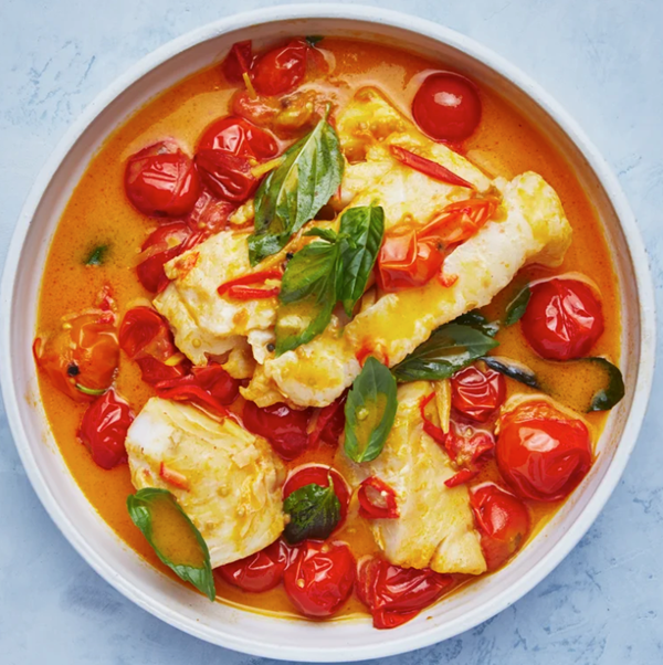 Poached cod in tomato curry