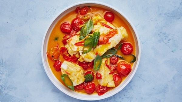 Poached cod in tomato curry