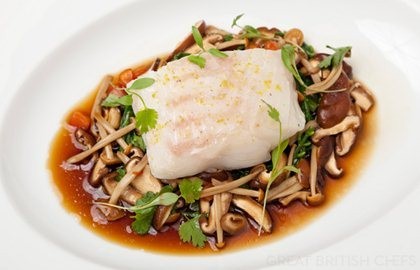 Poached cod with an Asian broth