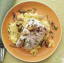 Poached cod with green olives and potato purée