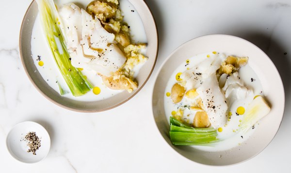 Poached cod with potatoes and leeks