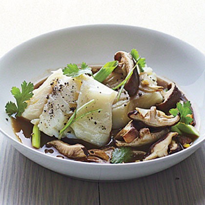 Poached cod with shiitakes