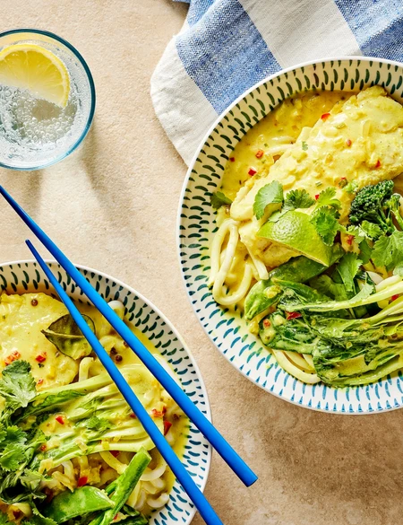 Poached cod with spiced coconut broth and udon noodles