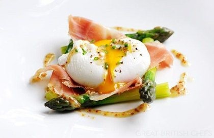 Poached duck egg with English asparagus, cured ham and grain mustard dressing