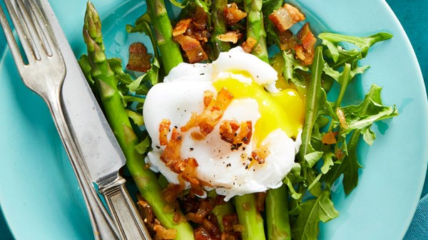 Poached duck eggs with asparagus vinaigrette
