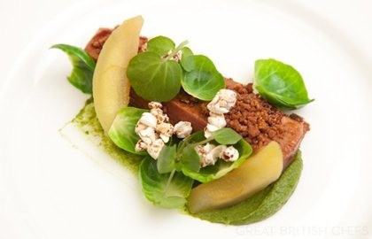 Poached duck with Brussels sprouts, apple and buckwheat