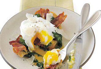 Poached egg crostone with wilted spinach and bacon