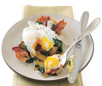 Poached egg crostone with wilted spinach and bacon