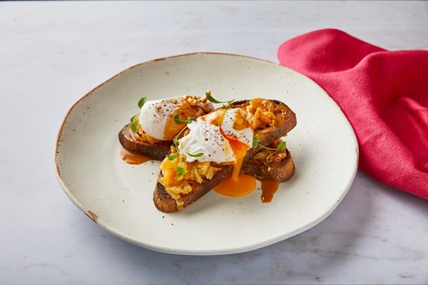  Poached egg, kimchi and almond butter on sourdough toast