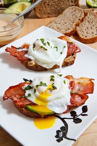 Poached egg on toast with chipotle mayonnaise, bacon and avocado