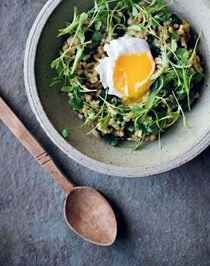 Poached egg with miso onion oat groats, spinach, sesame seeds, mixed cress leaves