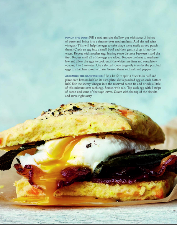 Poached eggs on cheddar biscuits with bacon and sage