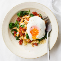 Poached eggs on chorizo and cannellini mash