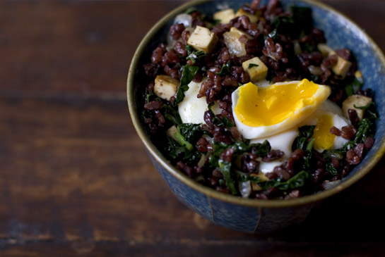 Poached eggs over rice