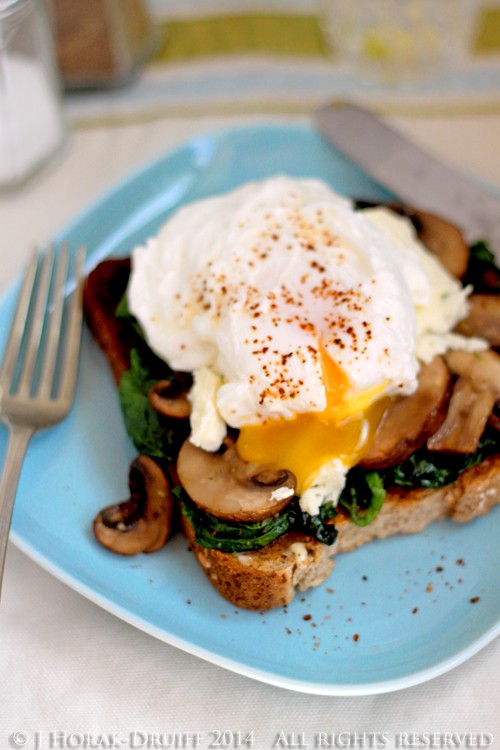 Poached eggs, spinach, Boursin & mushrooms on toast