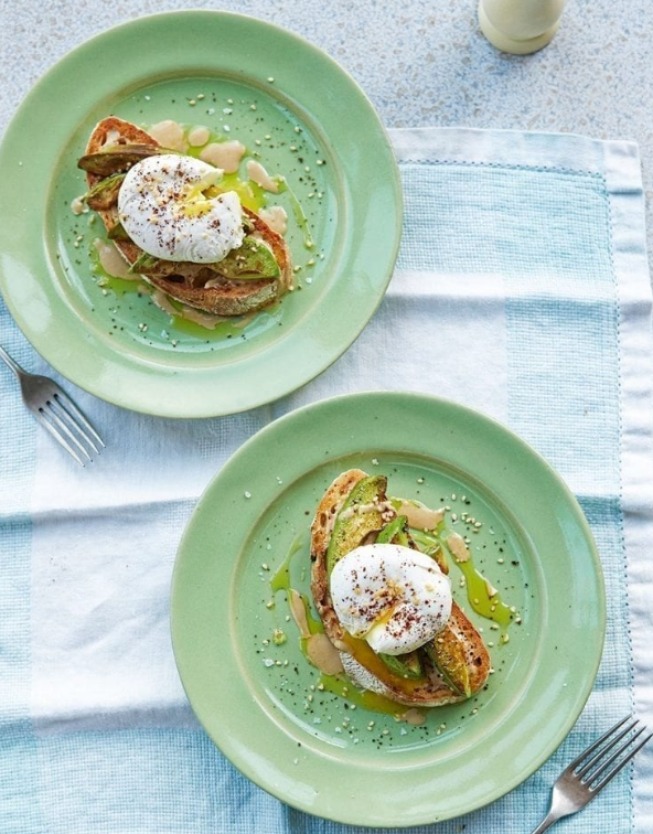 Poached eggs, tahini and pan-fried avocado