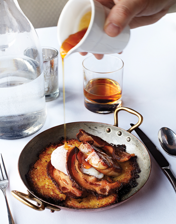 Poached eggs with foie gras, bacon & johnnycakes