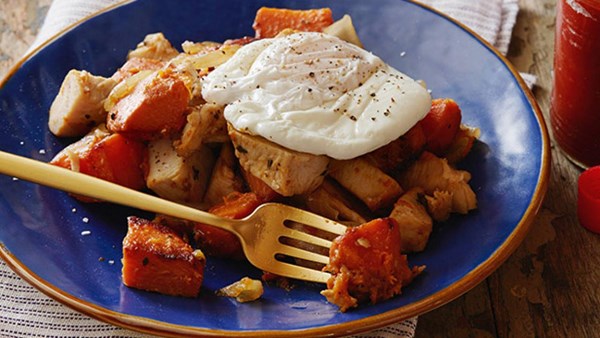 Poached eggs with herb-roasted turkey breast and sweet potato hash