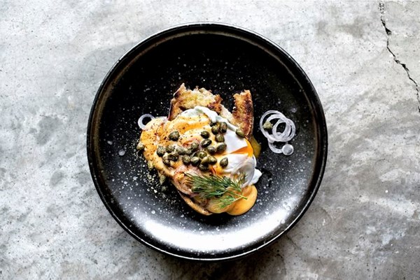 Poached eggs with miso–browned butter Hollandaise 
