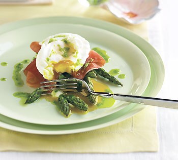 Poached eggs with roasted asparagus, prosciutto, and chive oil